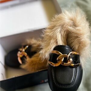 Black and Gold Dress Loafers with Plush Fur Lining